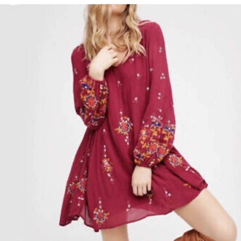 Free People Oxford Dress Size Small Boho Balloon Sleeve Maroon Embroidered